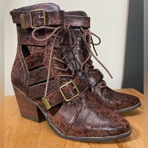 Coconuts by Matisse brown snakeskin bootie lace up/buckles/cut out/heel NEW 7M